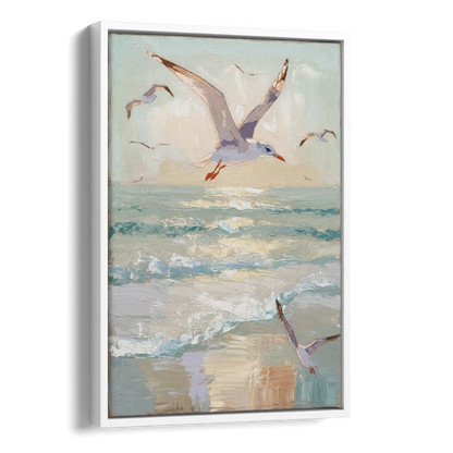 Galveston Seagulls in Flight Side - White Canvas Wall Art