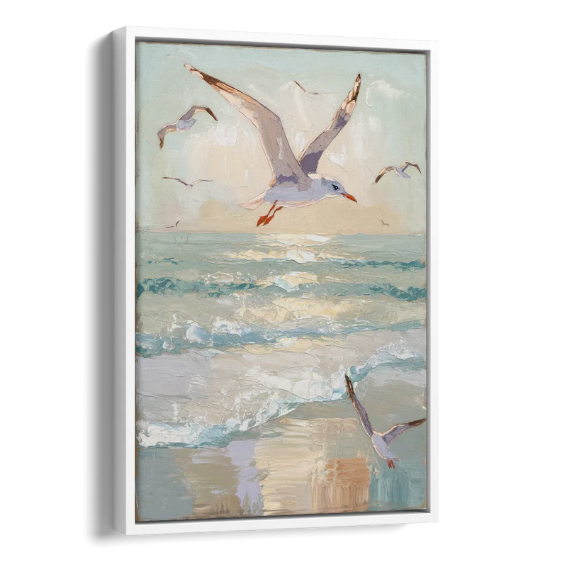 Galveston Seagulls in Flight Side - White Canvas Wall Art