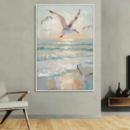 Galveston Seagulls in Flight Sitting Room - White Canvas Wall Art
