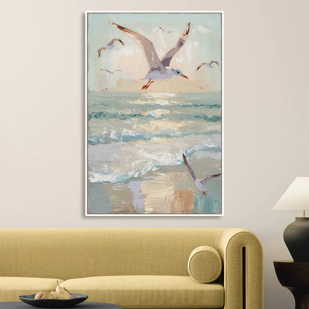 Galveston Seagulls in Flight Living Room - White Canvas Wall Art