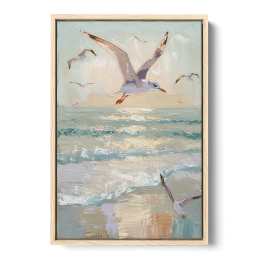 Galveston Seagulls in Flight - Oak Framed Canvas Wall Art - Front