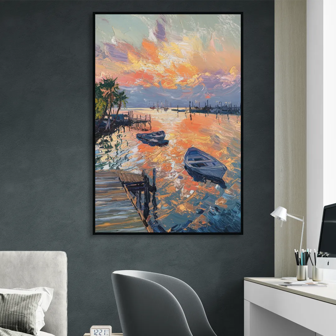 Galveston Sunset Harbor Living Room - Black Canvas Wall Art