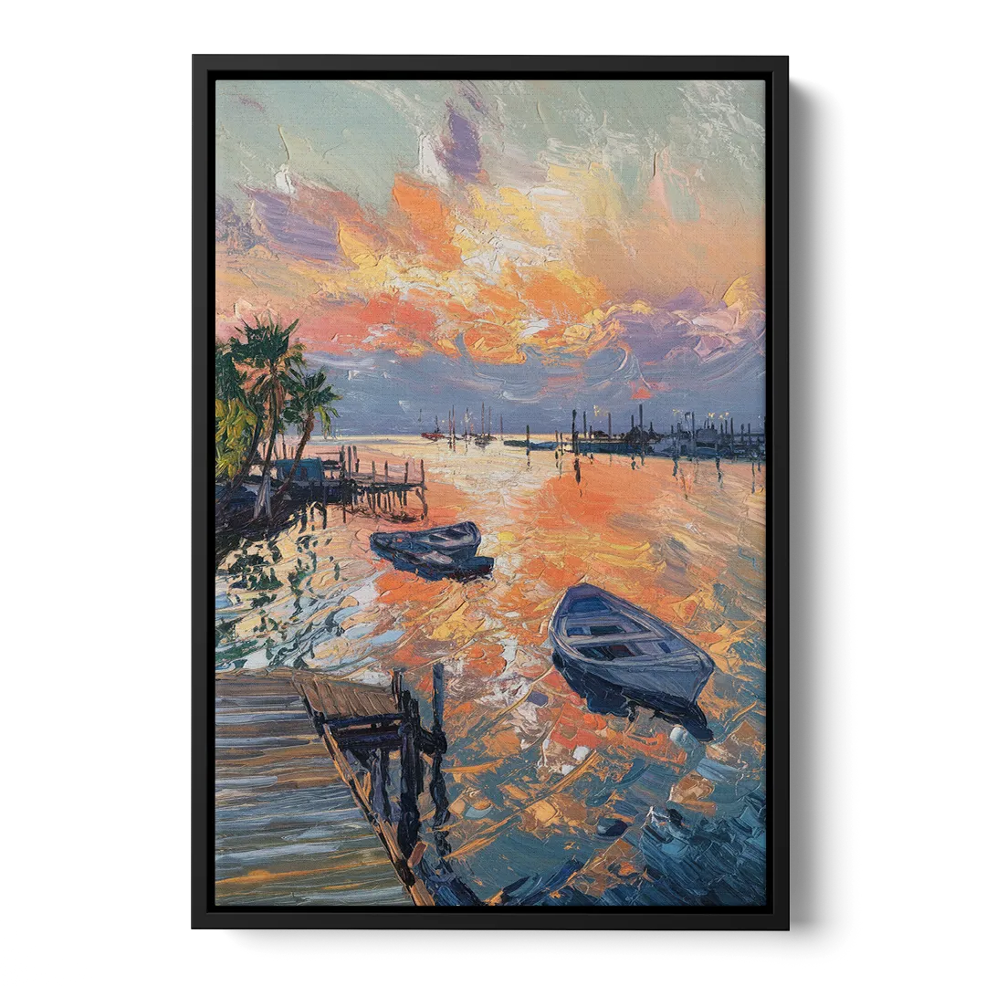 Galveston Sunset Harbor Front - Black Canvas Wall Art