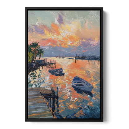 Galveston Sunset Harbor Front - Black Canvas Wall Art