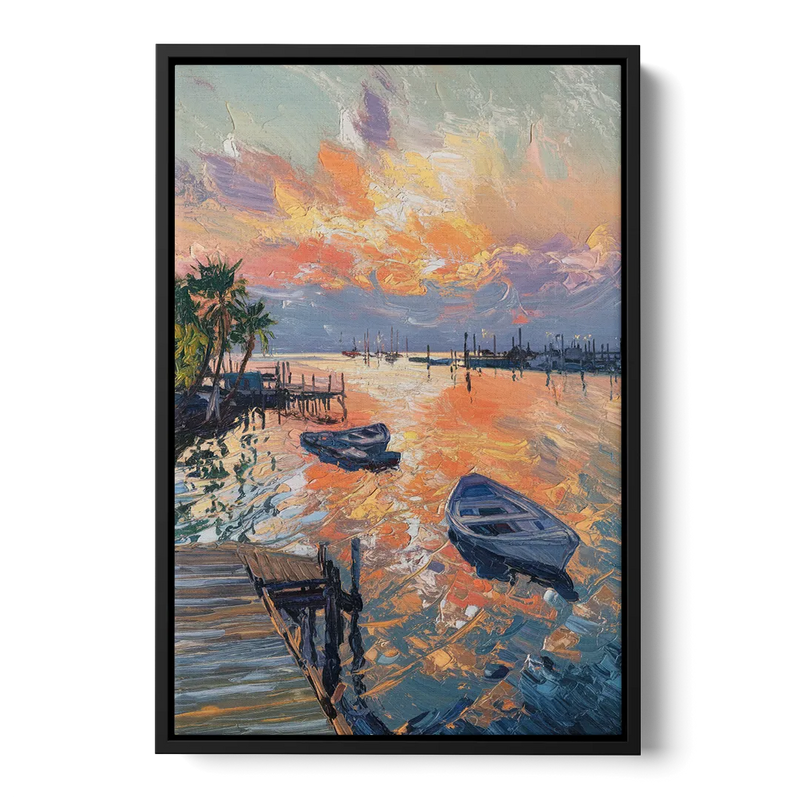 Galveston Sunset Harbor Front - Black Canvas Wall Art