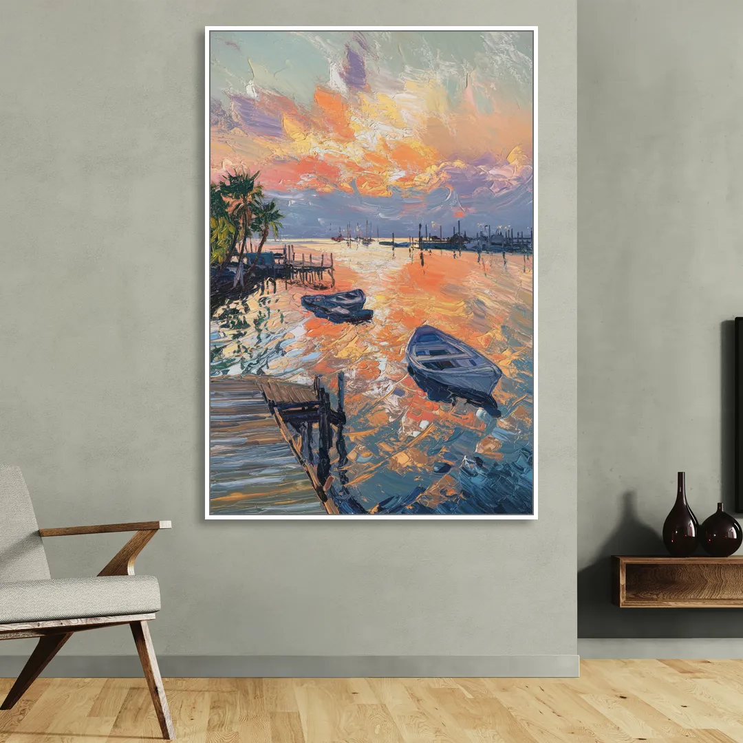 Galveston Sunset Harbor Living Room - White Canvas Wall Art