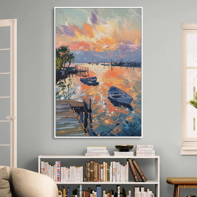 Galveston Sunset Harbor Sitting Room - White Canvas Wall Art