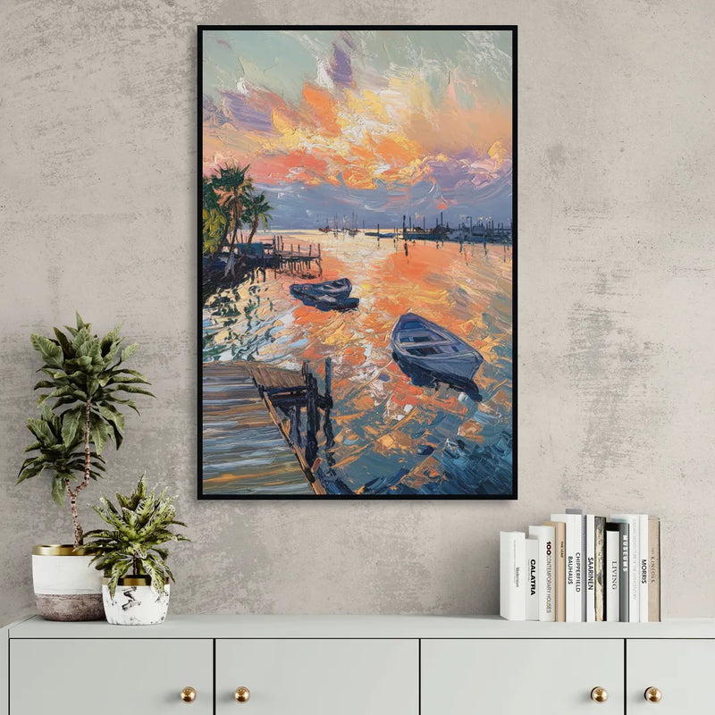 Galveston Sunset Harbor Sitting Room - Black Canvas Wall Art