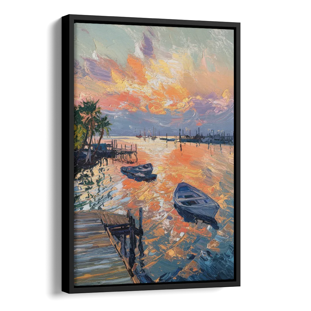 Galveston Sunset Harbor Side - Black Canvas Wall Art