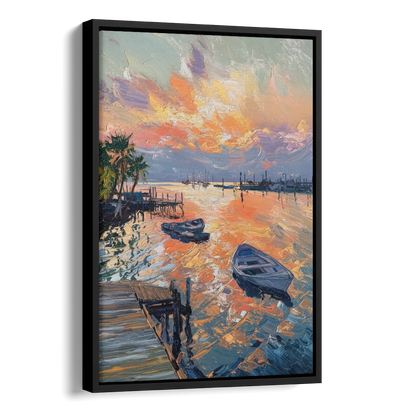 Galveston Sunset Harbor Side - Black Canvas Wall Art