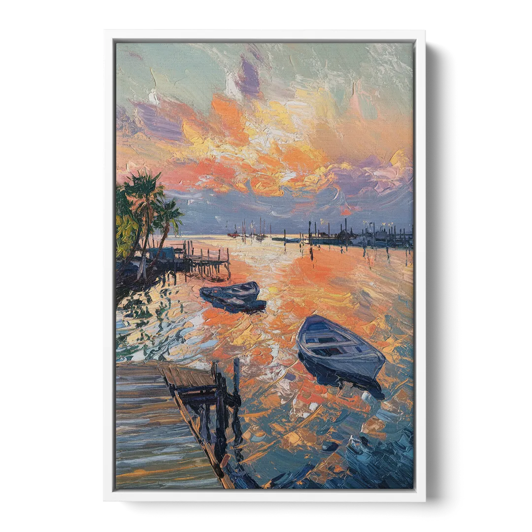 Galveston Sunset Harbor Front - White Canvas Wall Art