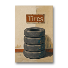 Garage Man Cave Decor with Stacked Old Tires - Canvas Wall Art - Front