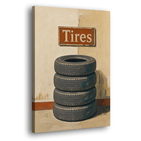 Garage Man Cave Decor with Stacked Old Tires - Canvas Wall Art - Side