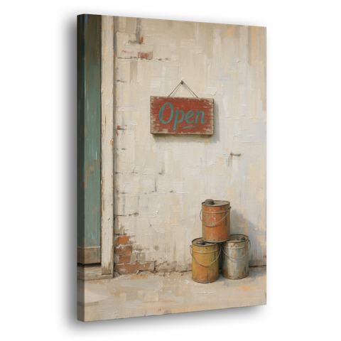 Garage Wall Decor Open Sign and Oil Cans - Canvas Wall Art - Side