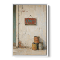 Garage Wall Decor Open Sign and Oil Cans - White Framed Canvas Wall Art - Front