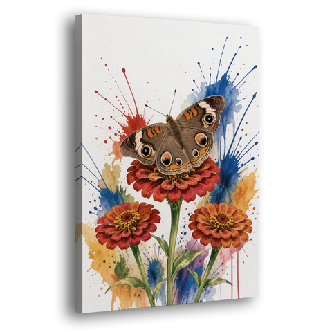 Garden Butterfly Wall Art of a Buckeye on Zinnias - Canvas Wall Art - Side