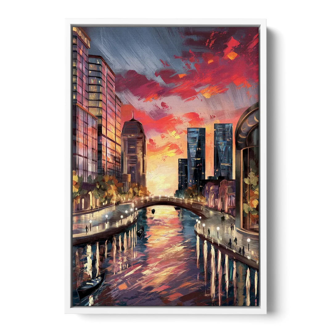 Garland Cityscape Sunset Front - White Canvas Wall Art
