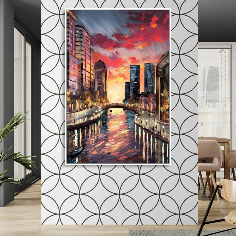 Garland Cityscape Sunset Living Room - White Canvas Wall Art