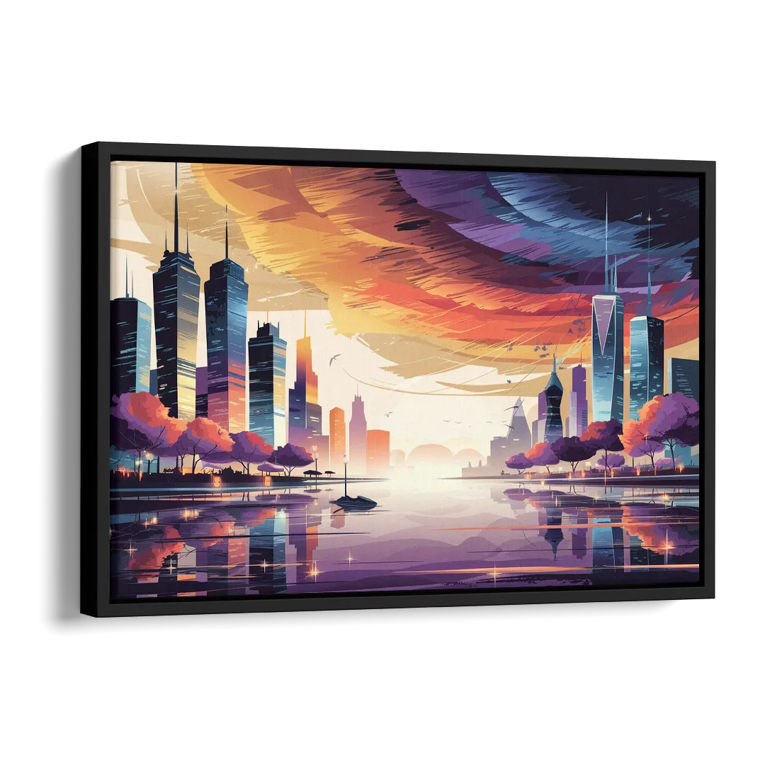 Garland Cityscape Sunset Horizon Side - Black Canvas Wall Art