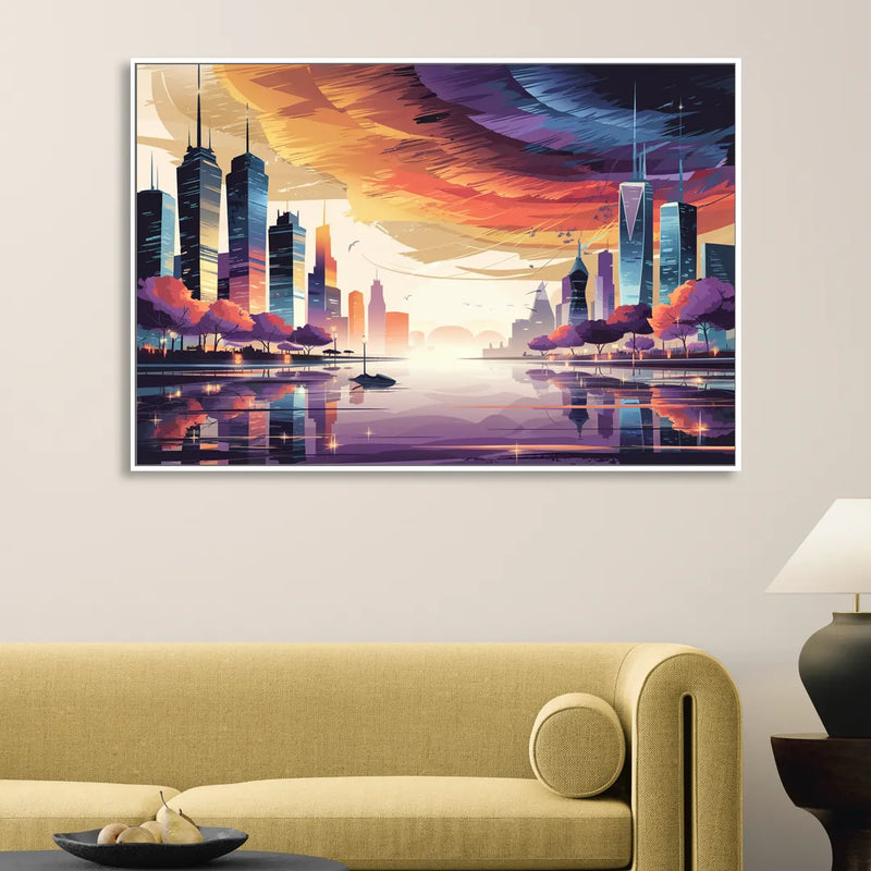 Garland Cityscape Sunset Horizon Sitting Room - White Canvas Wall Art