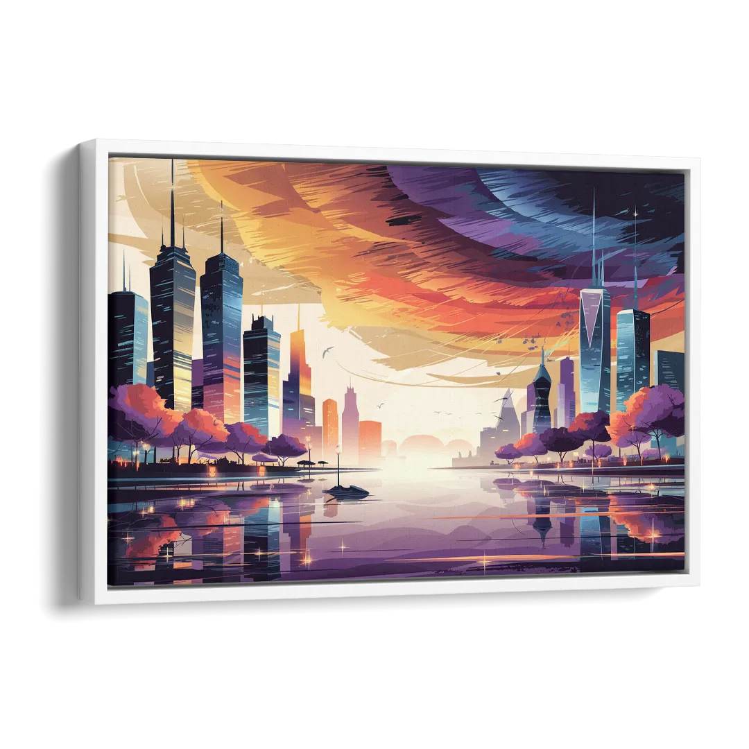 Garland Cityscape Sunset Horizon Side - White Canvas Wall Art