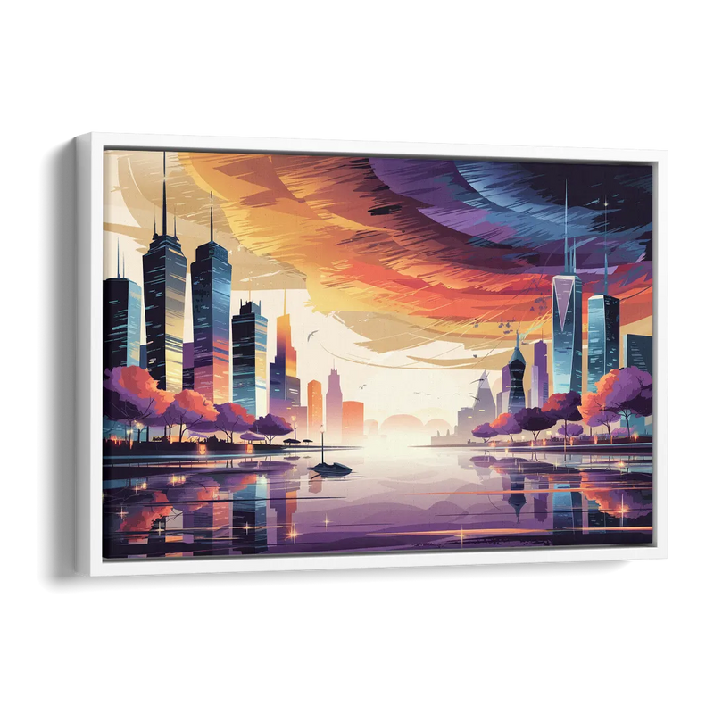 Garland Cityscape Sunset Horizon Side - White Canvas Wall Art
