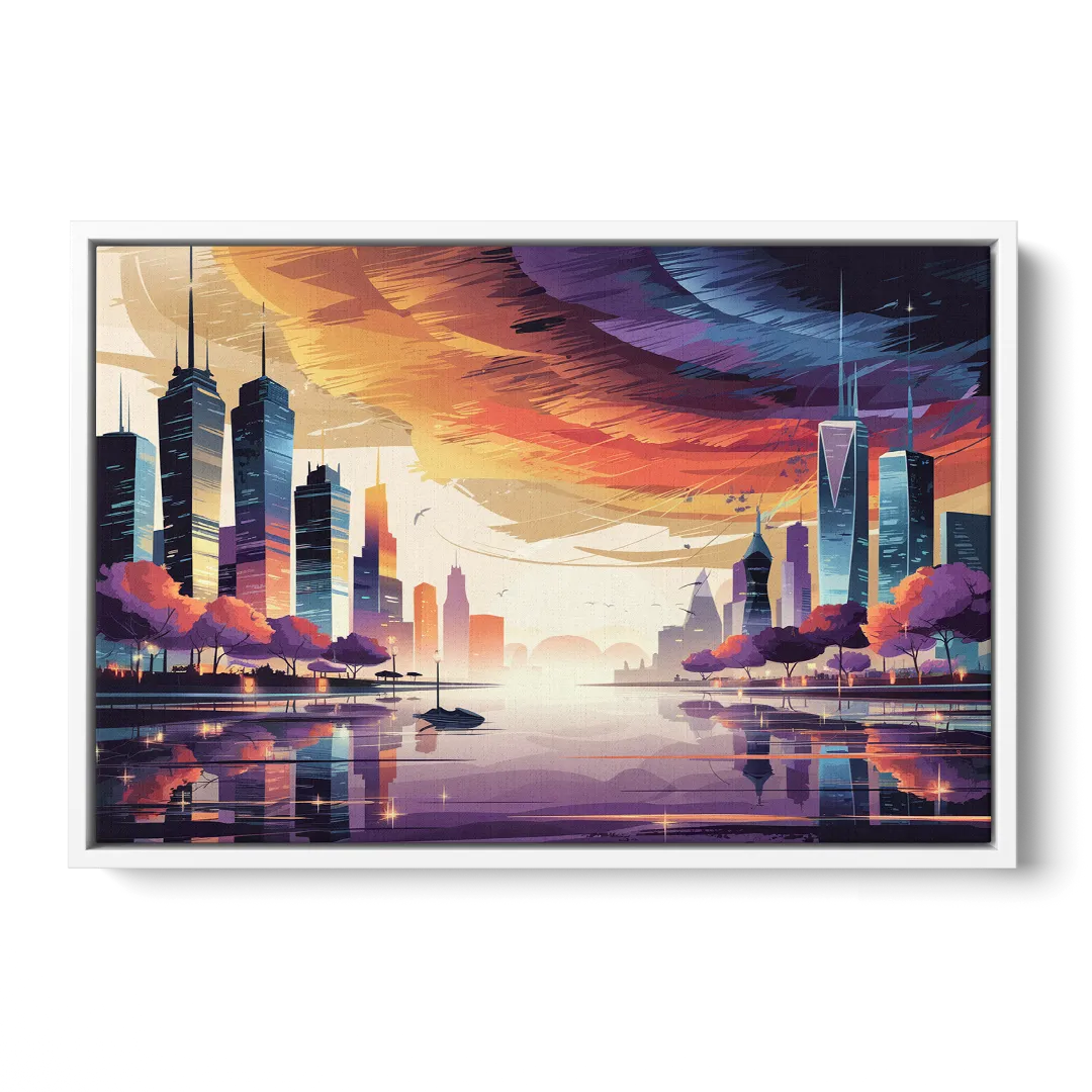 Garland Cityscape Sunset Horizon Front - White Canvas Wall Art