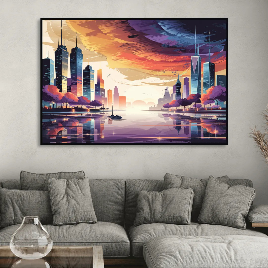 Garland Cityscape Sunset Horizon Sitting Room - Black Canvas Wall Art