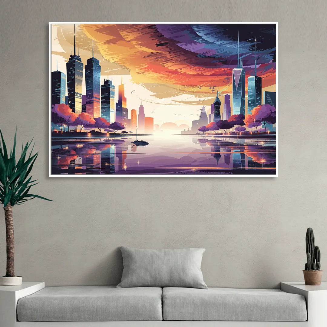 Garland Cityscape Sunset Horizon Living Room - White Canvas Wall Art