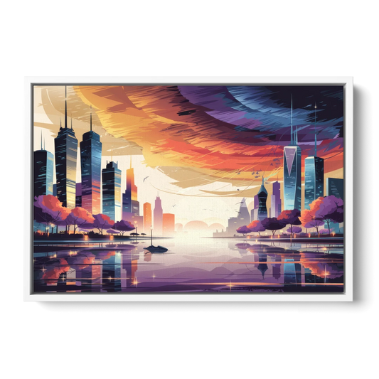 Garland Cityscape Sunset Horizon - White Framed Canvas Wall Art - Front