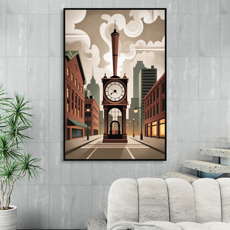 Gastown Steam Clock Living Room - Black Canvas Wall Art