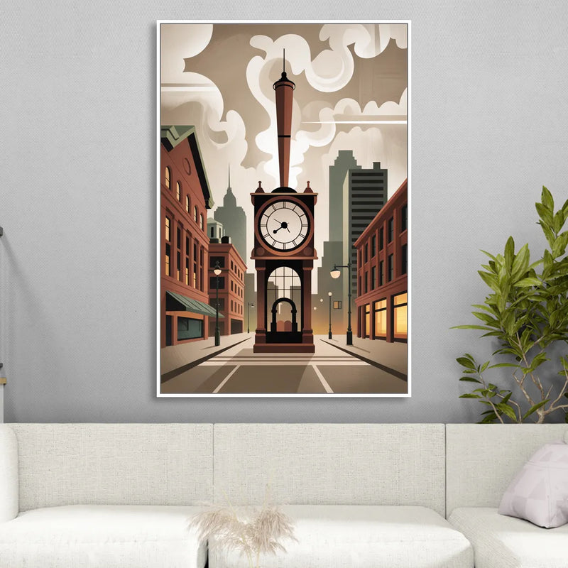 Gastown Steam Clock Living Room - White Canvas Wall Art