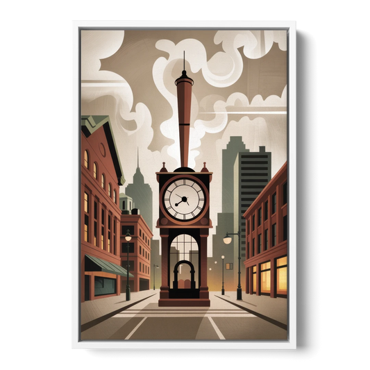 Gastown Steam Clock - White Framed Canvas Wall Art - Front