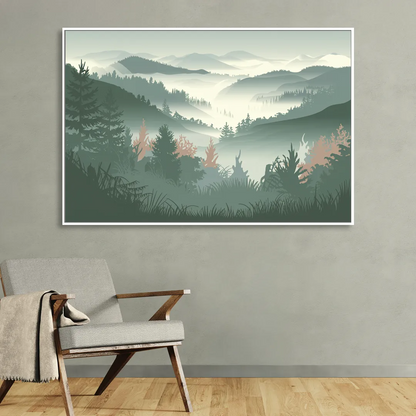 Gatlinburg Misty Mountain Landscape Living Room - White Canvas Wall Art