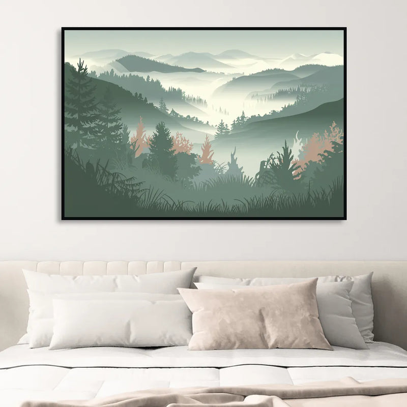 Gatlinburg Misty Mountain Landscape Sitting Room - Black Canvas Wall Art
