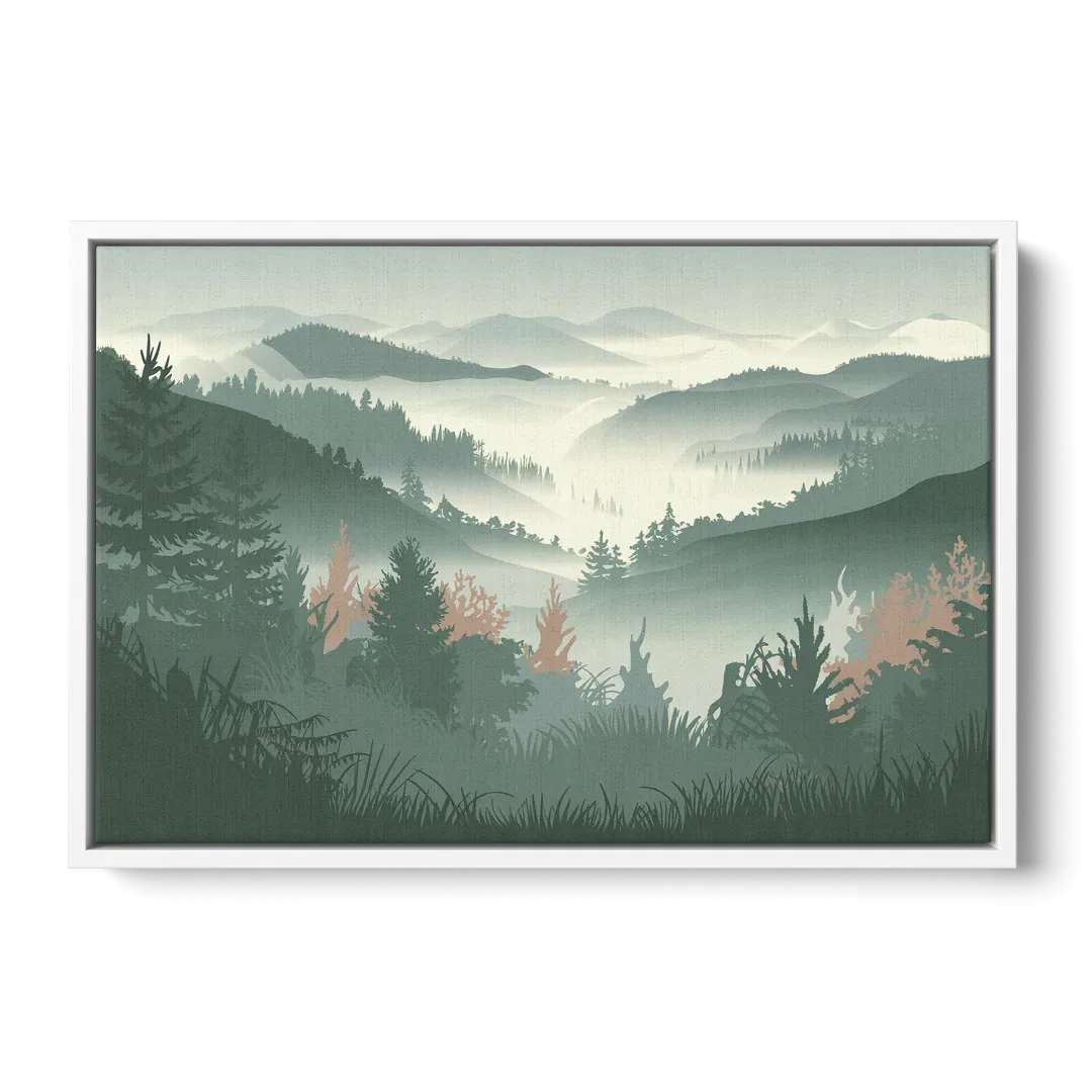 Gatlinburg Misty Mountain Landscape Front - White Canvas Wall Art
