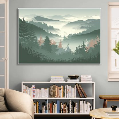 Gatlinburg Misty Mountain Landscape Sitting Room - White Canvas Wall Art