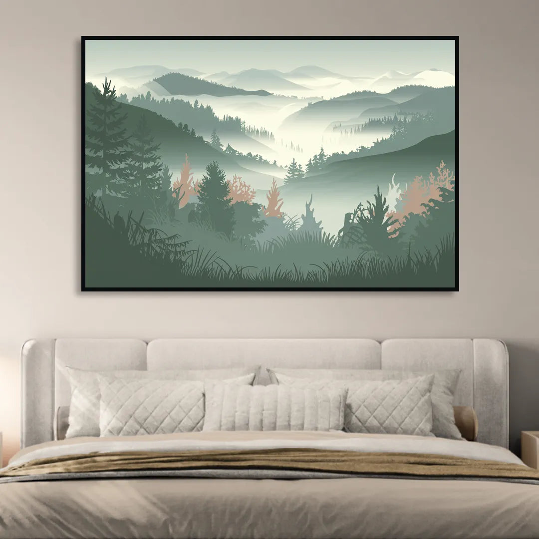 Gatlinburg Misty Mountain Landscape Living Room - Black Canvas Wall Art