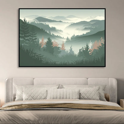 Gatlinburg Misty Mountain Landscape Living Room - Black Canvas Wall Art