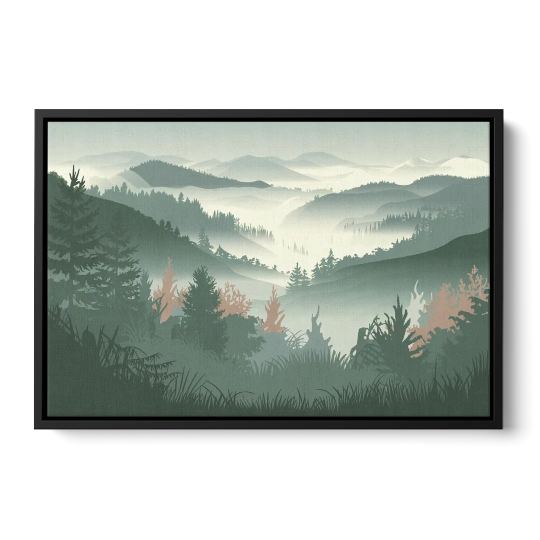 Gatlinburg Misty Mountain Landscape Front - Black Canvas Wall Art