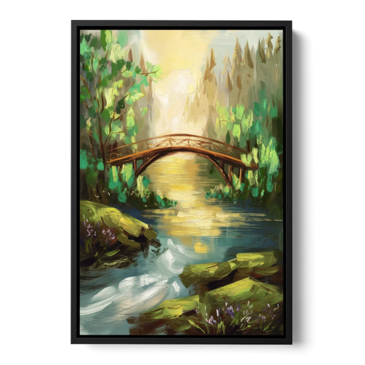 Gatlinburg River and Bridge Scene - Black Framed Canvas Wall Art - Front