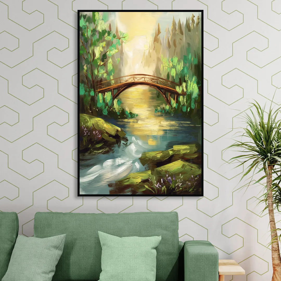 Gatlinburg River and Bridge Scene Sitting Room - Black Canvas Wall Art