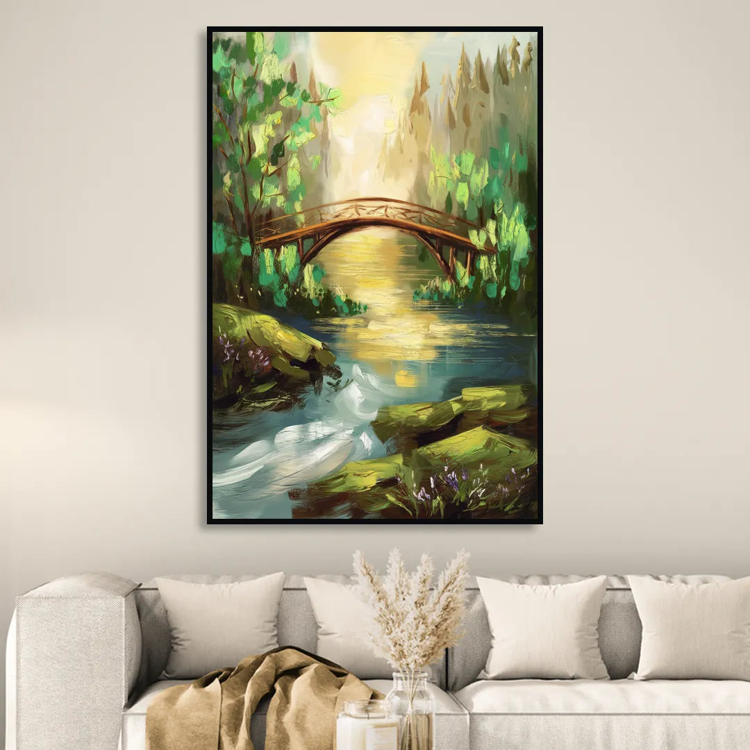Gatlinburg River and Bridge Scene Living Room - Black Canvas Wall Art