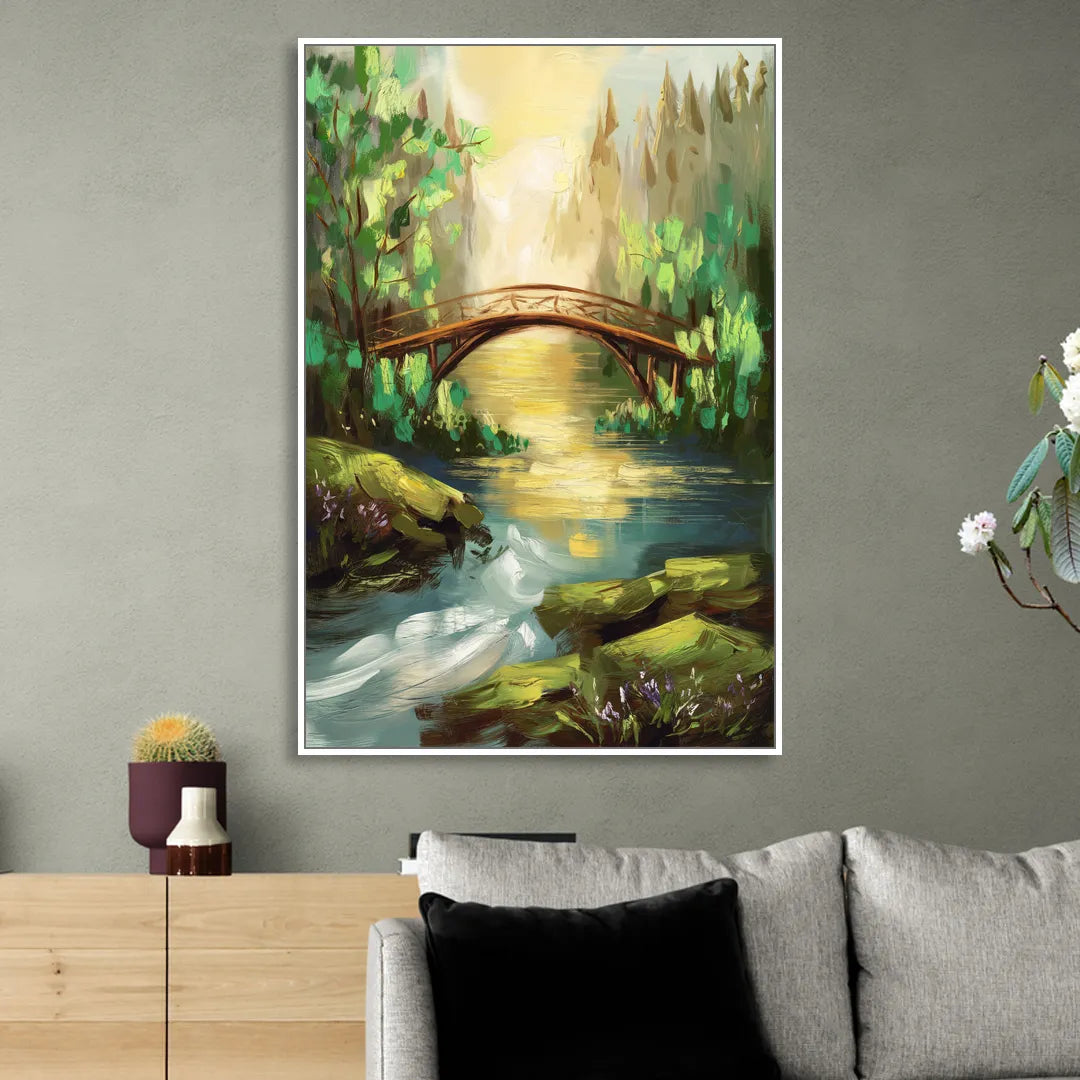 Gatlinburg River and Bridge Scene Sitting Room - White Canvas Wall Art