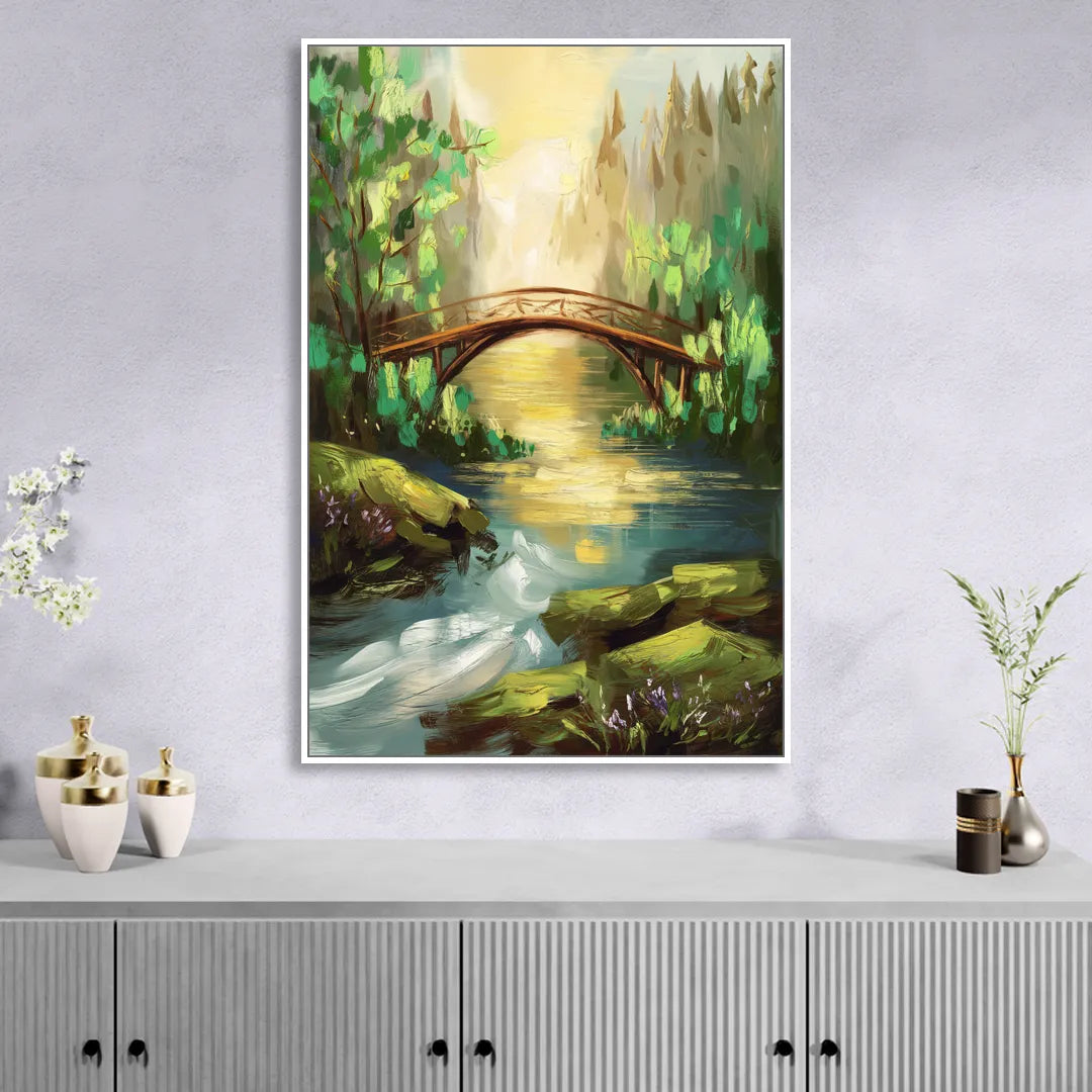 Gatlinburg River and Bridge Scene Living Room - White Canvas Wall Art