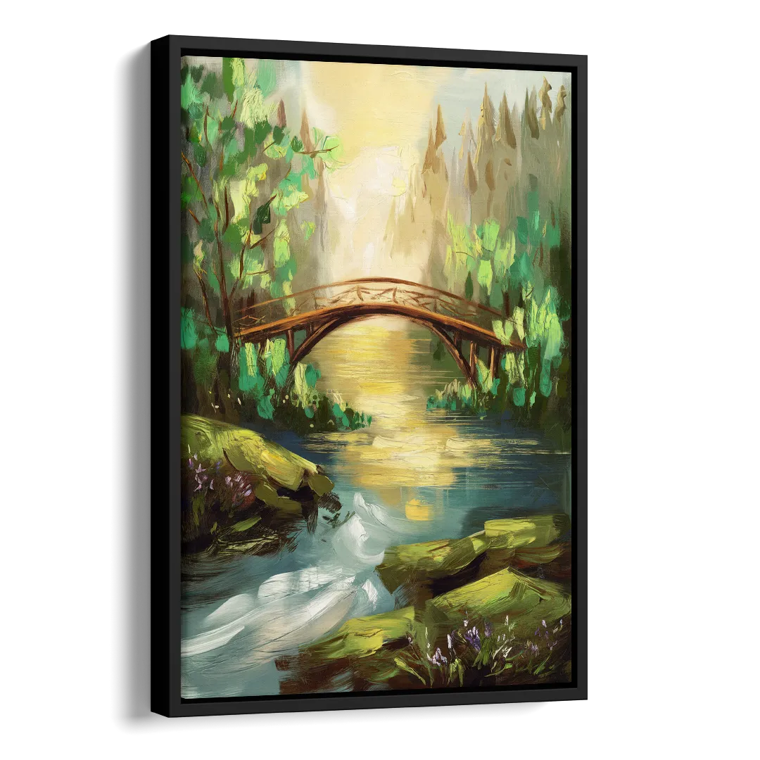 Gatlinburg River and Bridge Scene Side - Black Canvas Wall Art