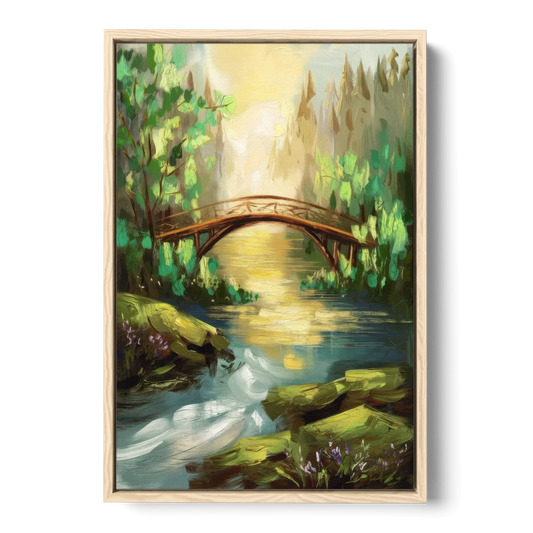 Gatlinburg River and Bridge Scene - Oak Framed Canvas Wall Art - Front