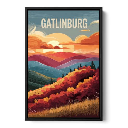 Gatlinburg Sunset Over Hills - Black Framed Canvas Wall Art - Front