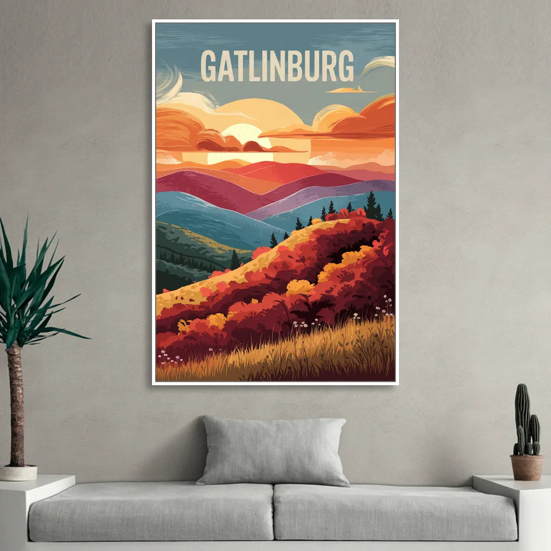 Gatlinburg Sunset Over Hills Living Room - White Canvas Wall Art