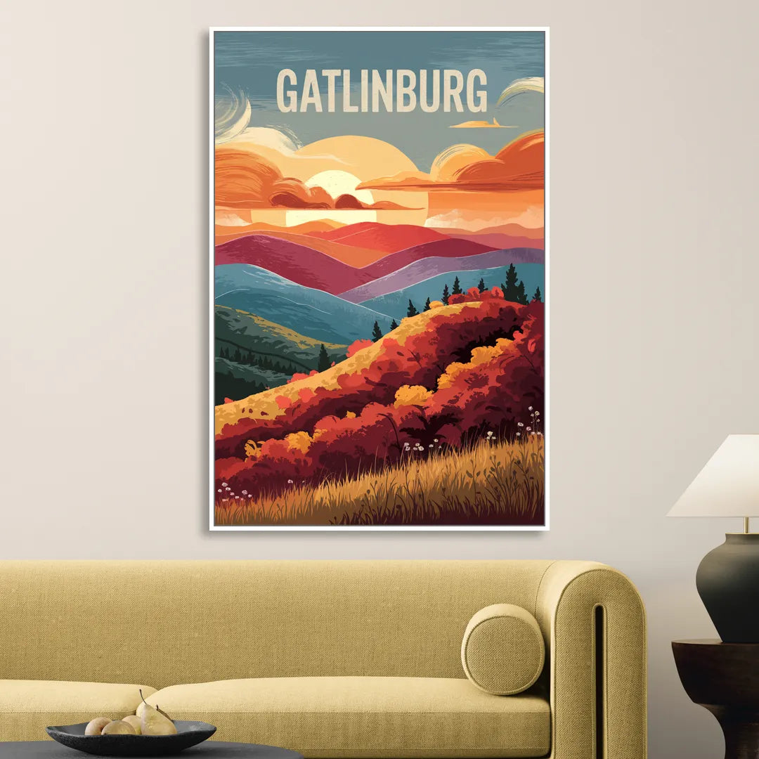 Gatlinburg Sunset Over Hills Sitting Room - White Canvas Wall Art